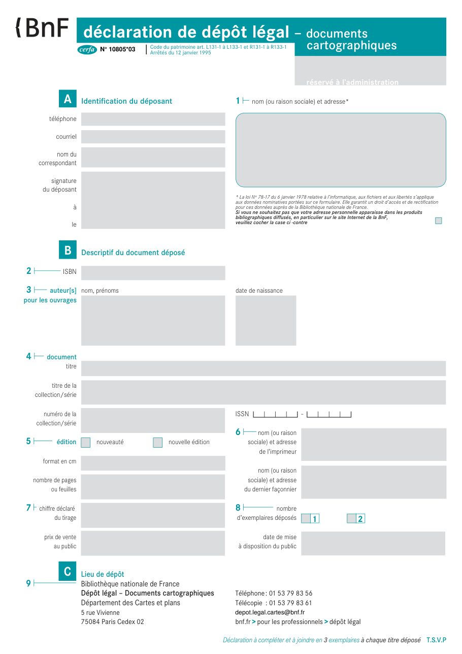 Page 1 du formulaire cerfa 10805 — Déclaration de dépôt légal des documents cartographiques