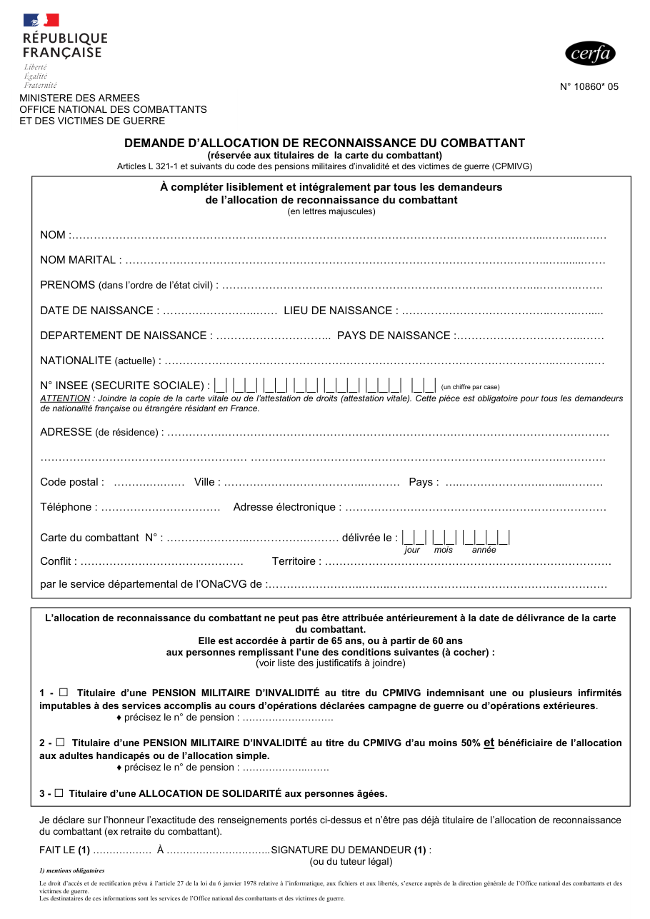 Page 1 du formulaire cerfa 10860 — Demande d'allocation de reconnaissance du combattant