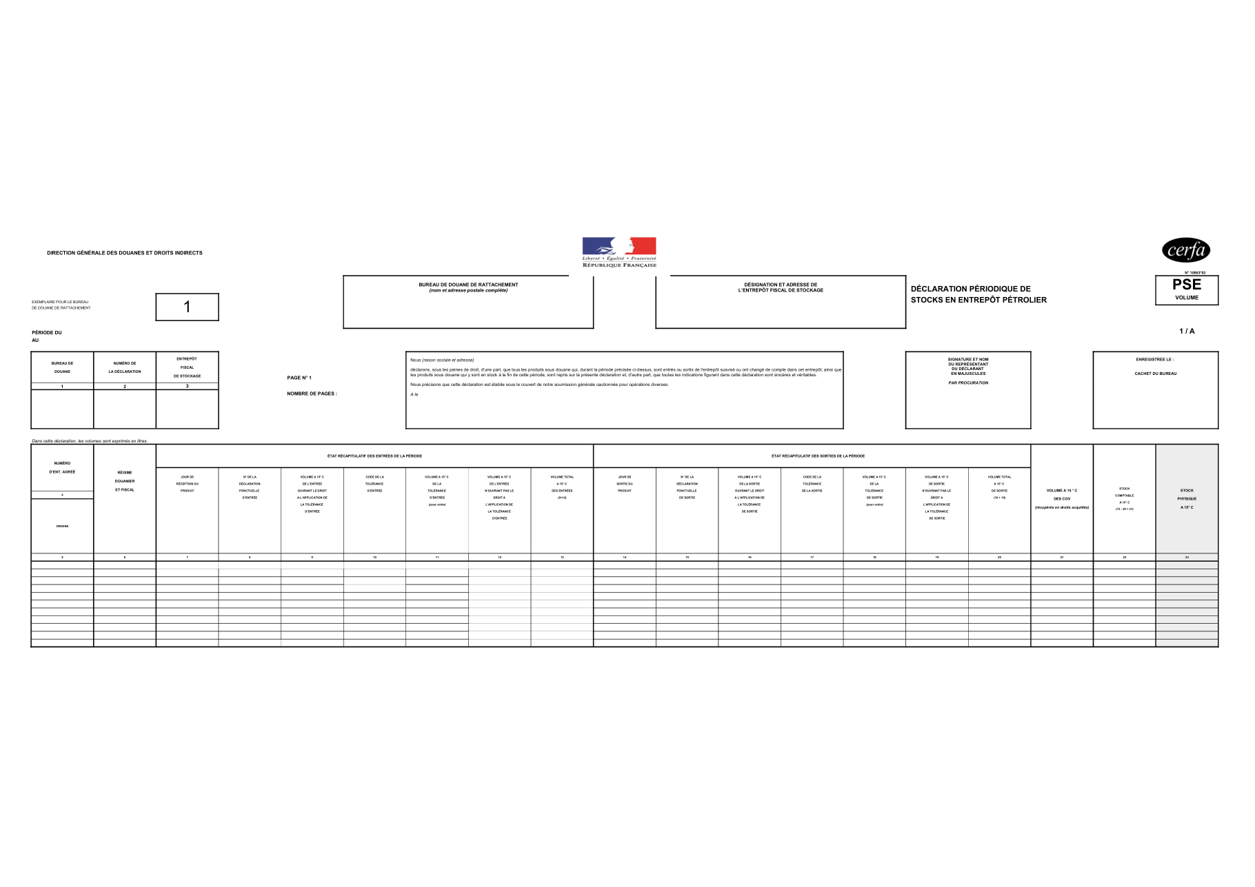 Page 1 du formulaire cerfa 10863 — Déclaration périodique de stocks en entrepôt pétrolier