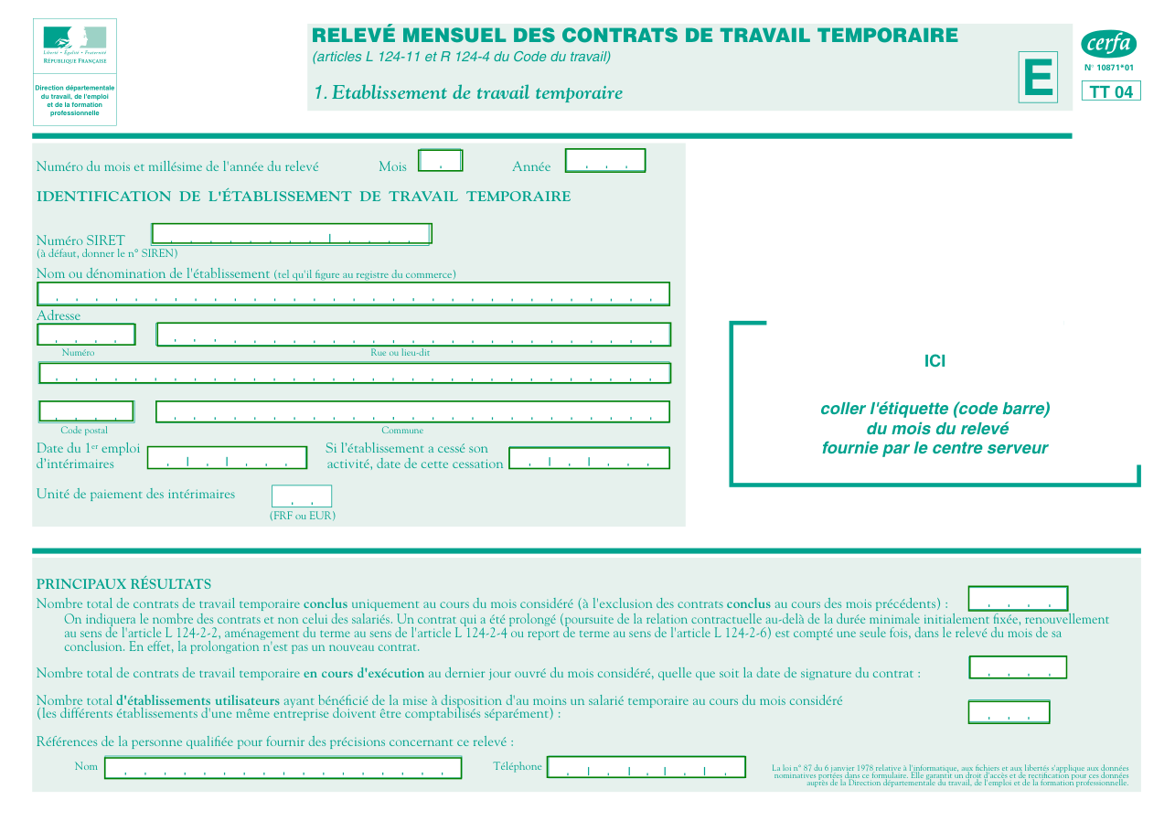 Page 1 du formulaire cerfa 10871 — Relevé mensuel des contrats de travail temporaire