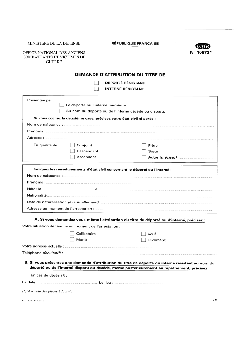 Page 1 du formulaire cerfa 10873 — Ministère de la Défense – Office national des anciens combattants et victimes de guerre