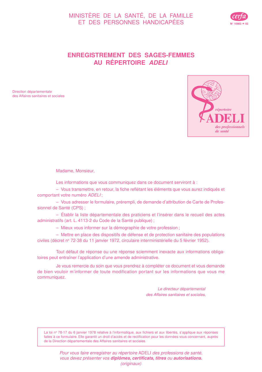Page 1 du formulaire cerfa 10903 — Enregistrement des sages-femmes au répertoire ADELI