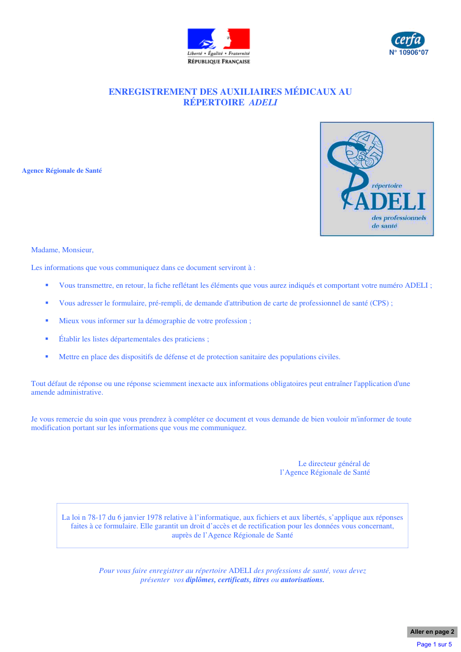 Page 1 du formulaire cerfa 10906 — Enregistrement des auxiliaires médicaux au répertoire ADELI