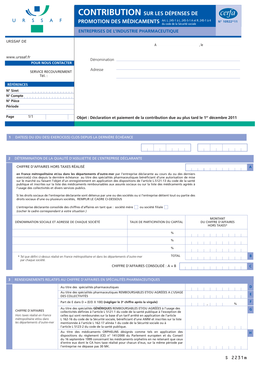 Page 1 du formulaire cerfa 10922 — Contribution sur les dépenses de promotion des médicaments