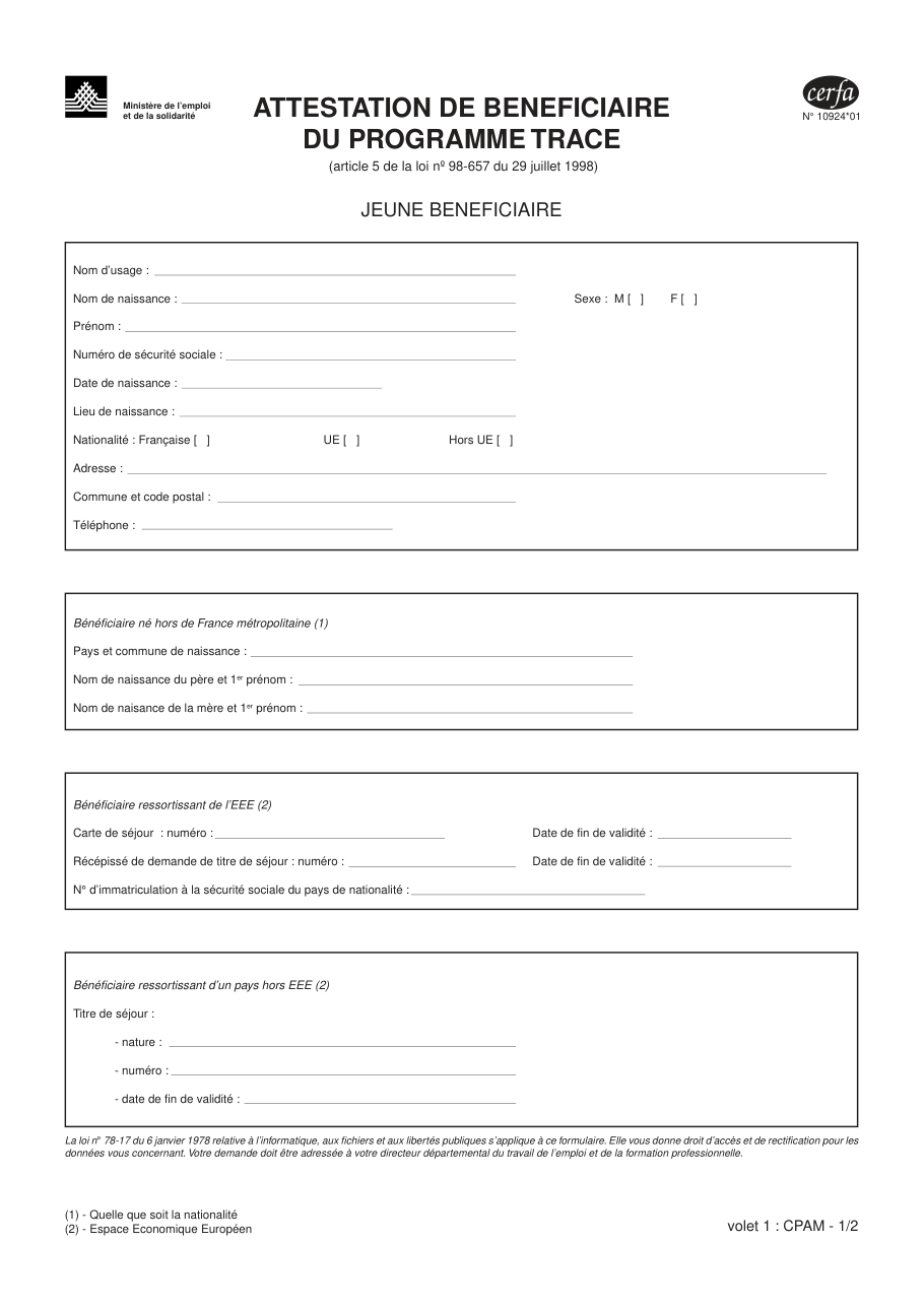 Page 1 du formulaire cerfa 10924 — Attestation de bénéficiaire du programme TRACE