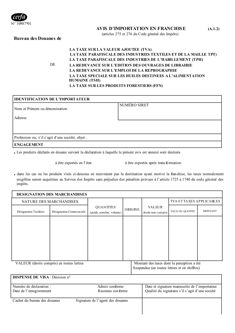 Page 1 du formulaire cerfa 10987 — Avis d'importation en franchise