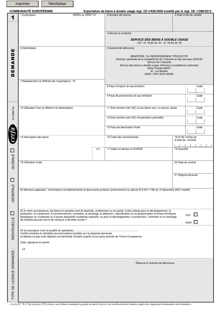 Page 1 du formulaire cerfa 10994 — Demander une licence d'exportation de biens ou technologies à double usage