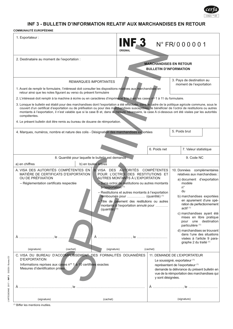 Page 1 du formulaire cerfa 11021 — INF 3 - Bulletin d'information relatif aux marchandises en retour