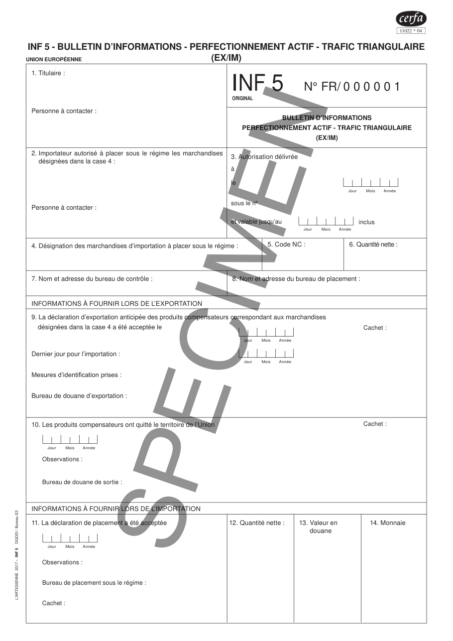 Page 1 du formulaire cerfa 11022 — INF 5 - Bulletin d'informations perfectionnement actif et trafic triangulaire