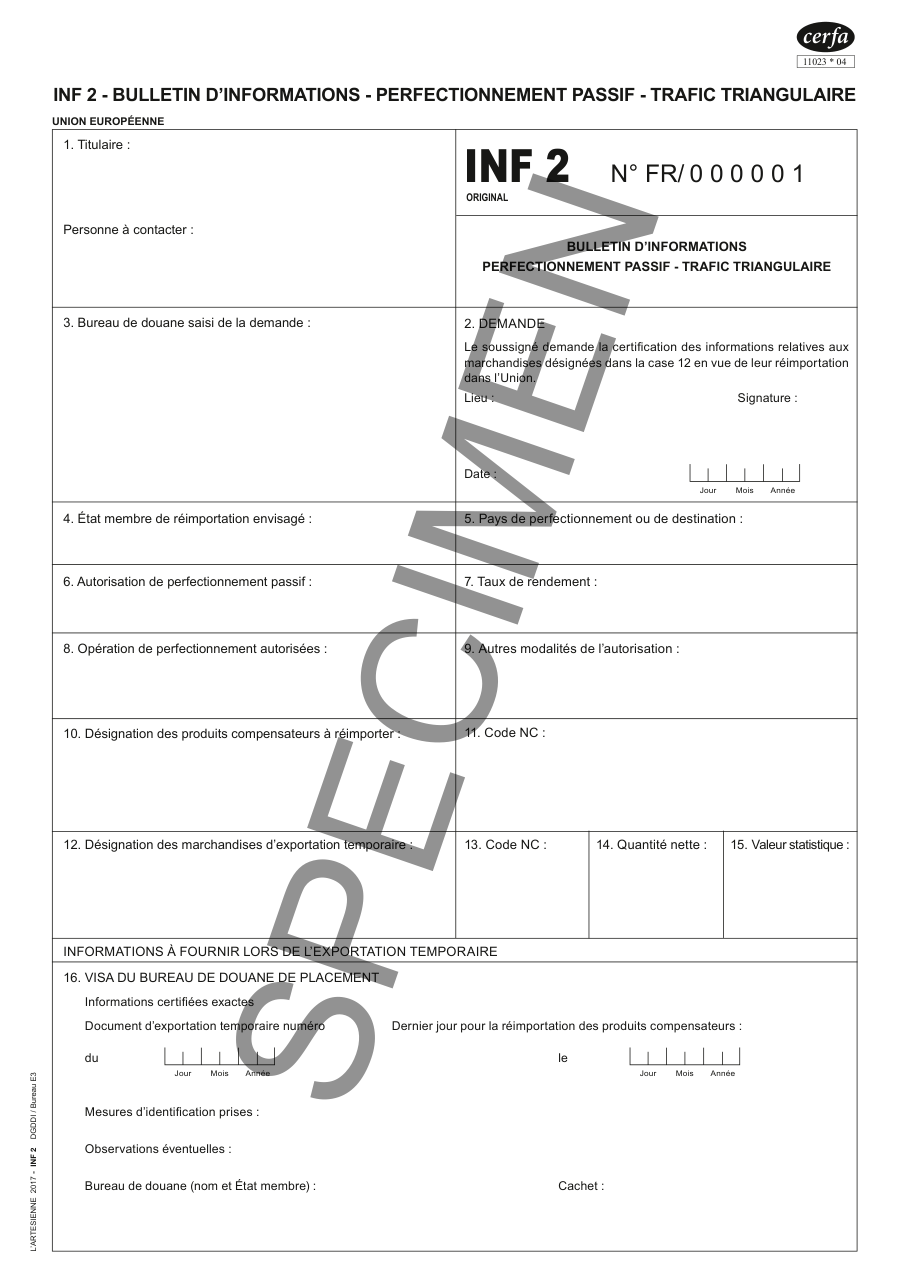 Page 1 du formulaire cerfa 11023 — INF 2 - Bulletin d'informations - Perfectionnement passif - Trafic triangulaire