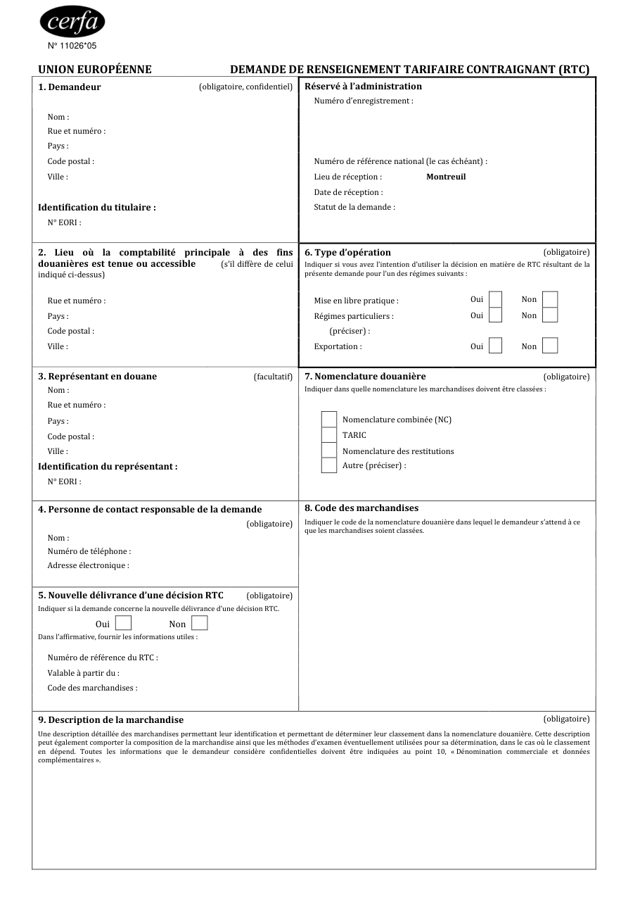 Page 1 du formulaire cerfa 11026 — Demande de renseignement tarifaire contraignant (RTC)