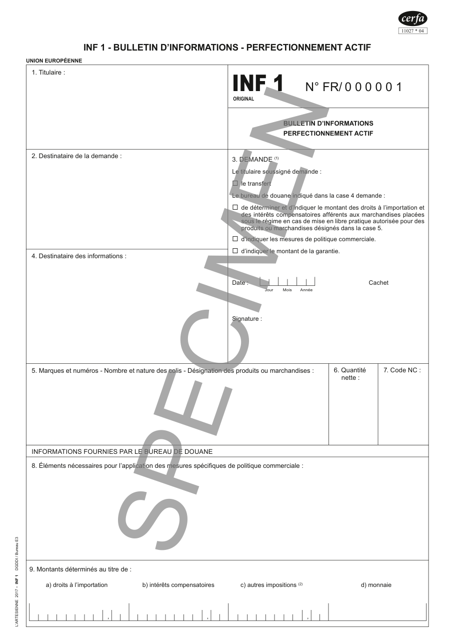 Page 1 du formulaire cerfa 11027 — INF 1 - Bulletin d'informations - Perfectionnement actif