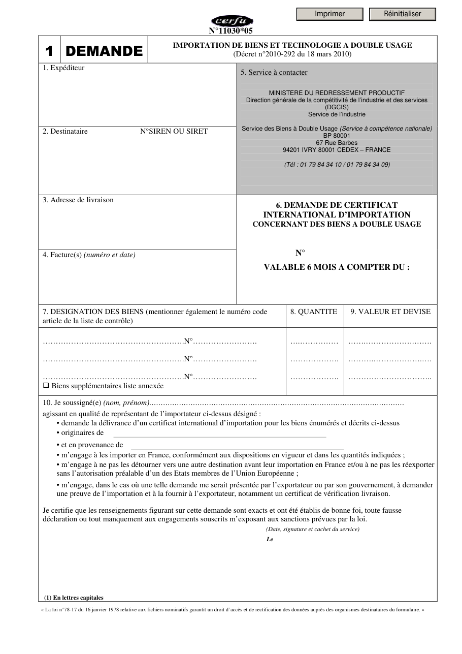 Page 1 du formulaire cerfa 11030 — Demande d'importation de biens et technologie à double usage