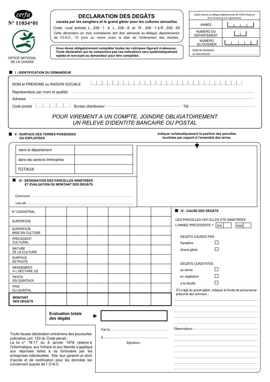 Page 1 du formulaire cerfa 11034 — Déclaration des dégâts causés par les sangliers et le grand gibier