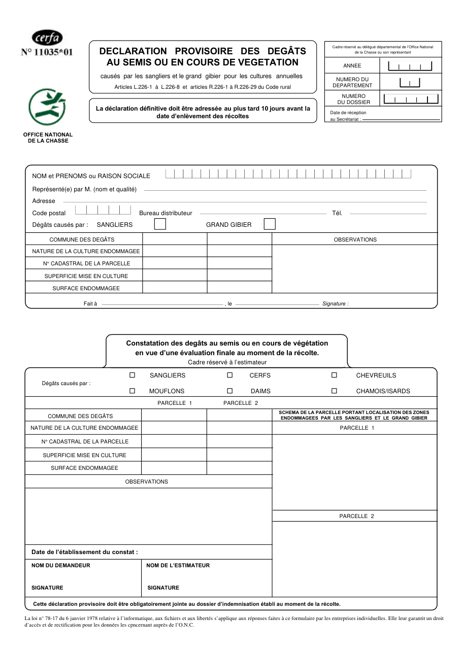Page 1 du formulaire cerfa 11035 — Déclaration provisoire des dégâts au semis ou en cours de végétation