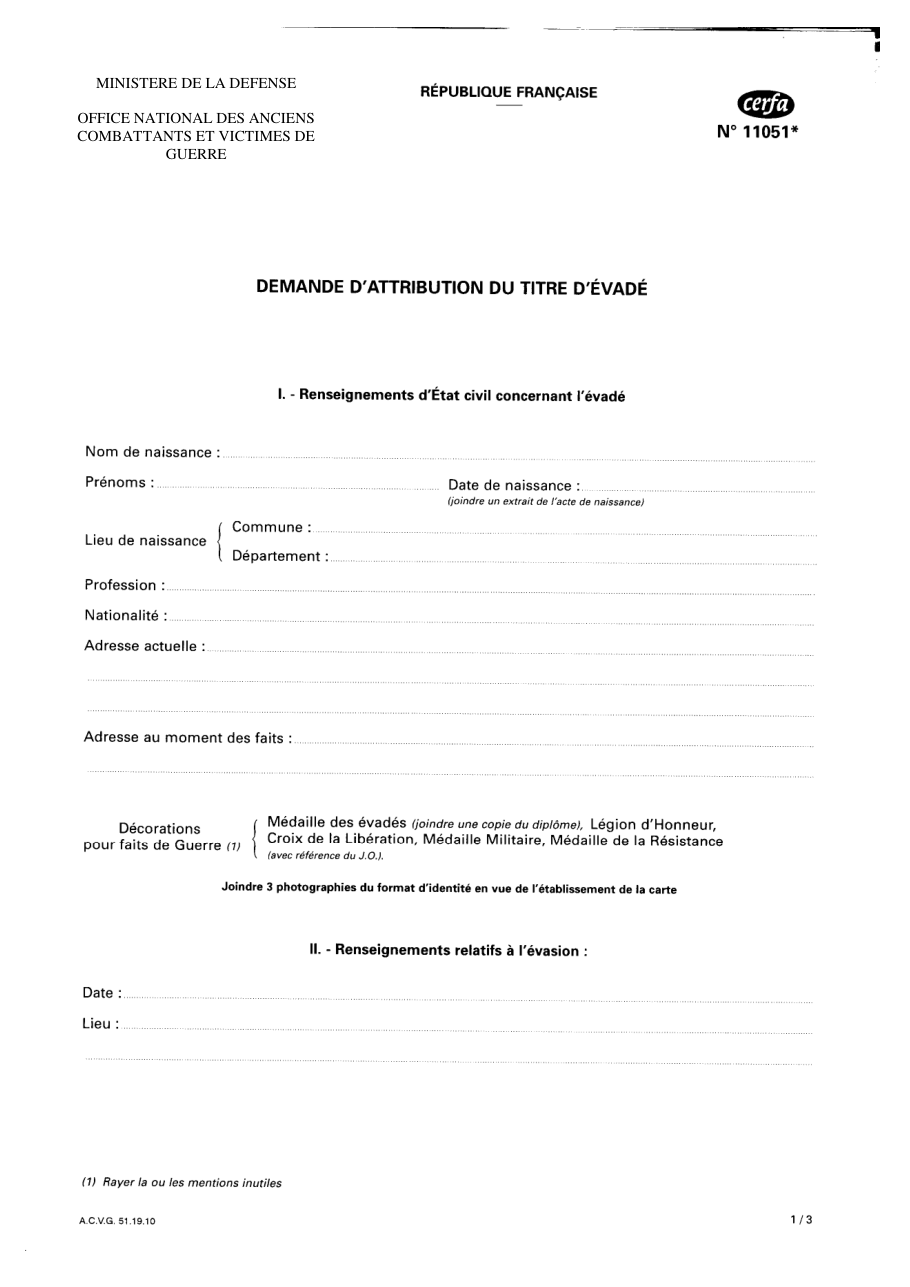 Page 1 du formulaire cerfa 11051 — Ministère de la défense – Office national des anciens combattants et victimes de guerre