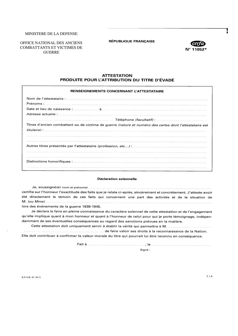 Page 1 du formulaire cerfa 11052 — Ministere de la defense office national des anciens combattants et victimes