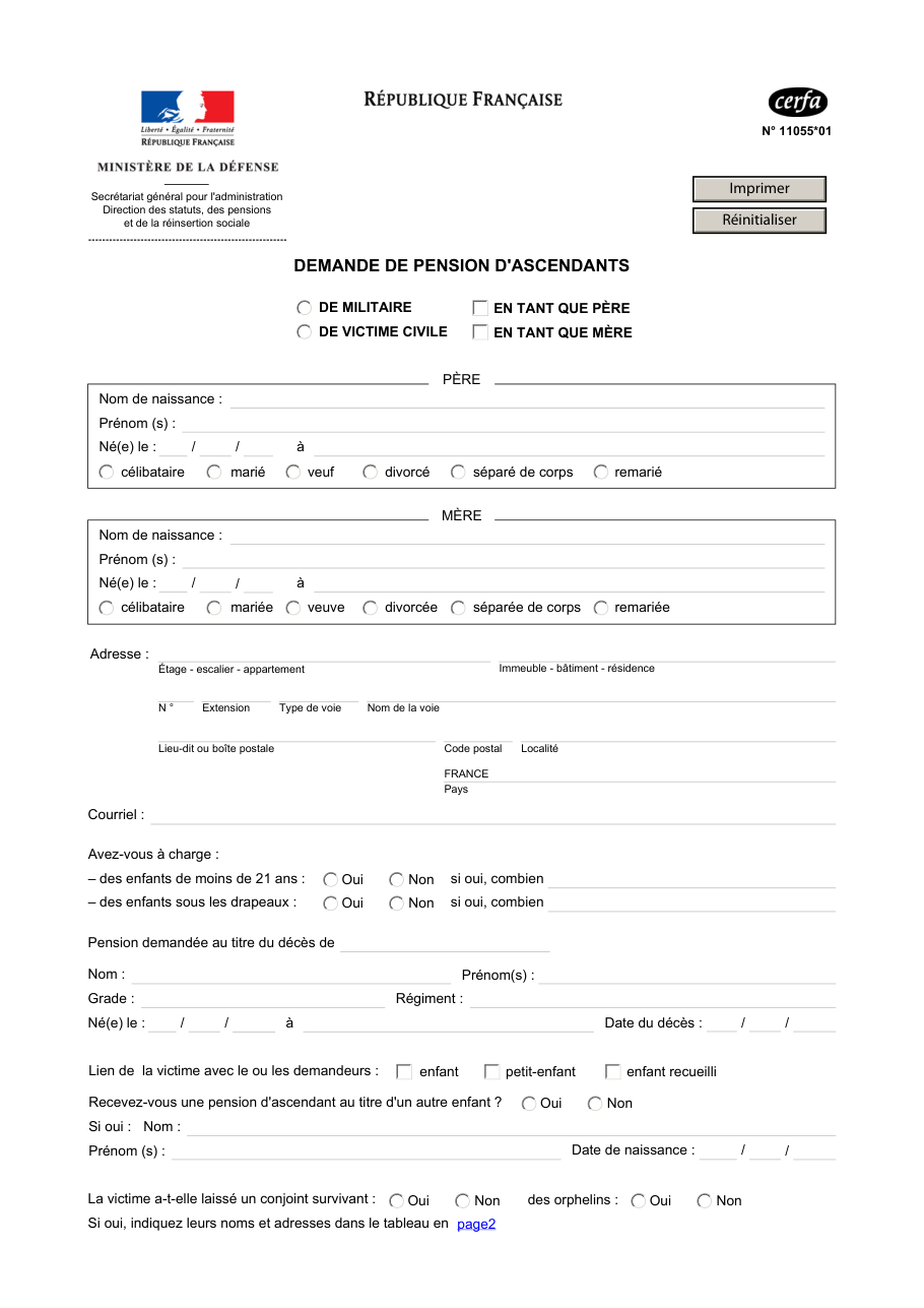 Page 1 du formulaire cerfa 11055 — Demande de pension d'ascendants