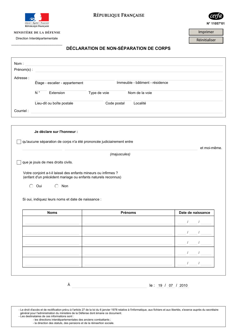 Page 1 du formulaire cerfa 11057 — Déclaration de non-séparation de corps