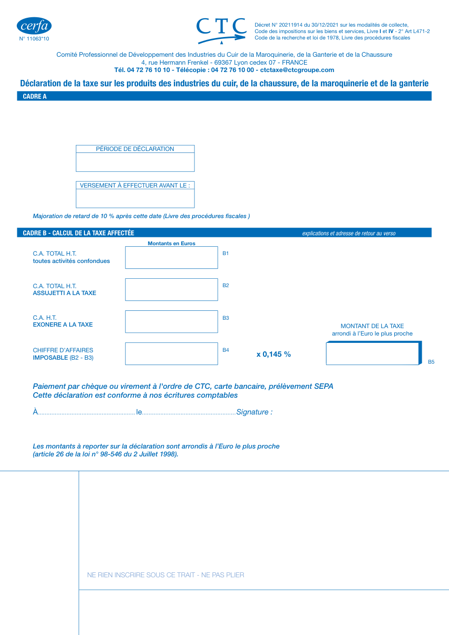 Page 1 du formulaire cerfa 11063 — Déclarer la taxe sur les produits du cuir et de la chaussure