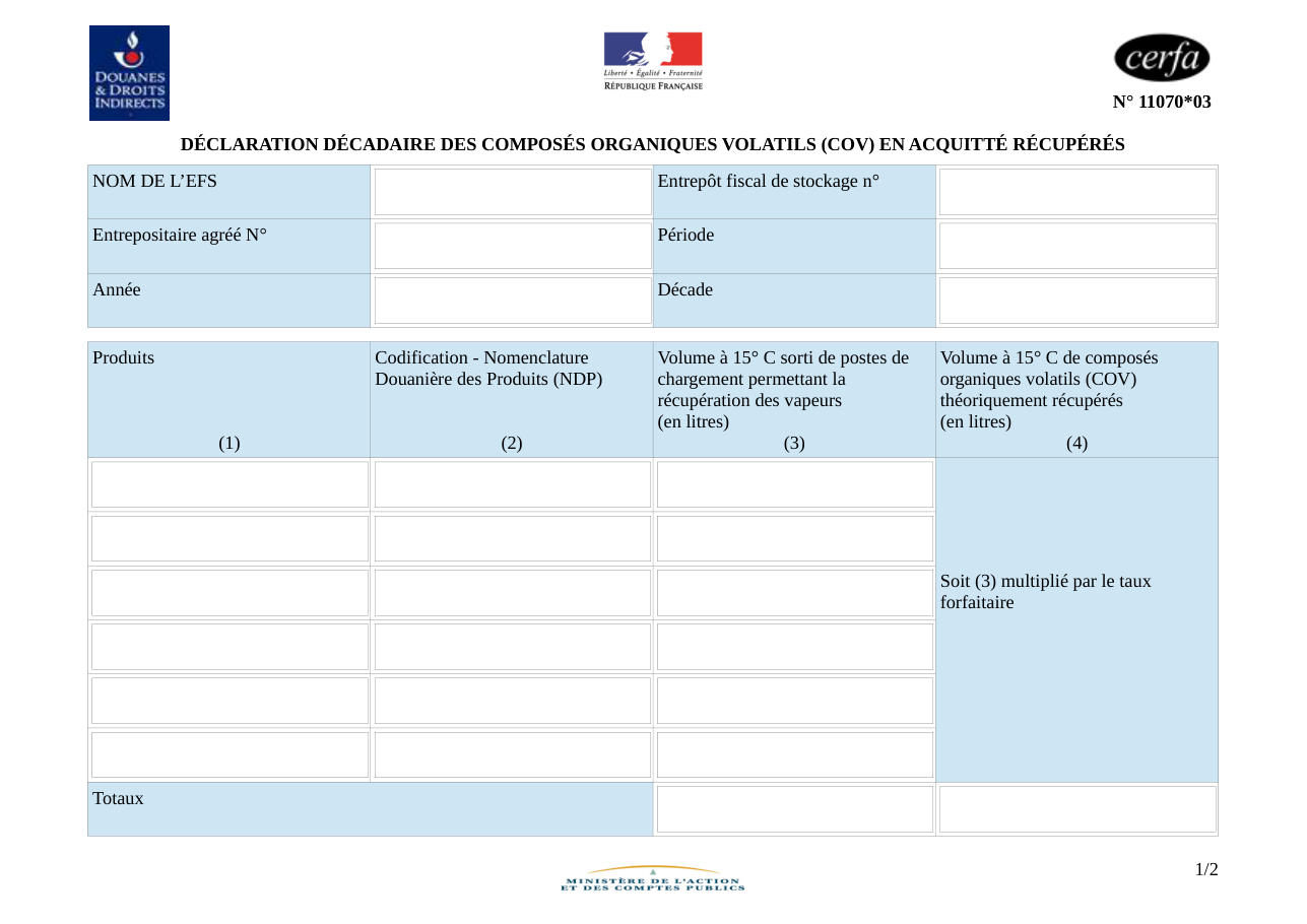 Page 1 du formulaire cerfa 11070 — Déclaration décadaire des composés organiques volatils en acquitté récupérés