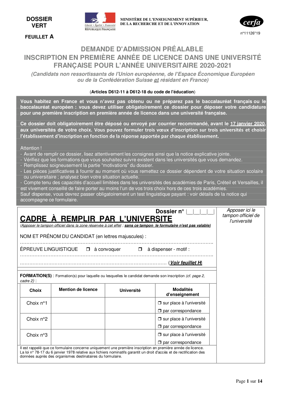 Page 1 du formulaire cerfa 11126 — Demande d'admission préalable en première année de licence