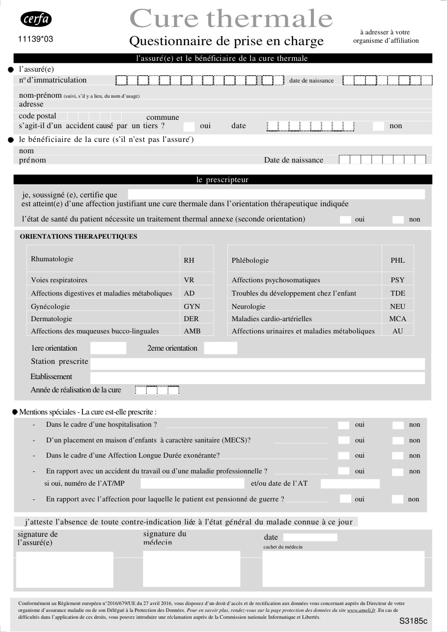 Page 1 du formulaire cerfa 11139 — Questionnaire de prise en charge