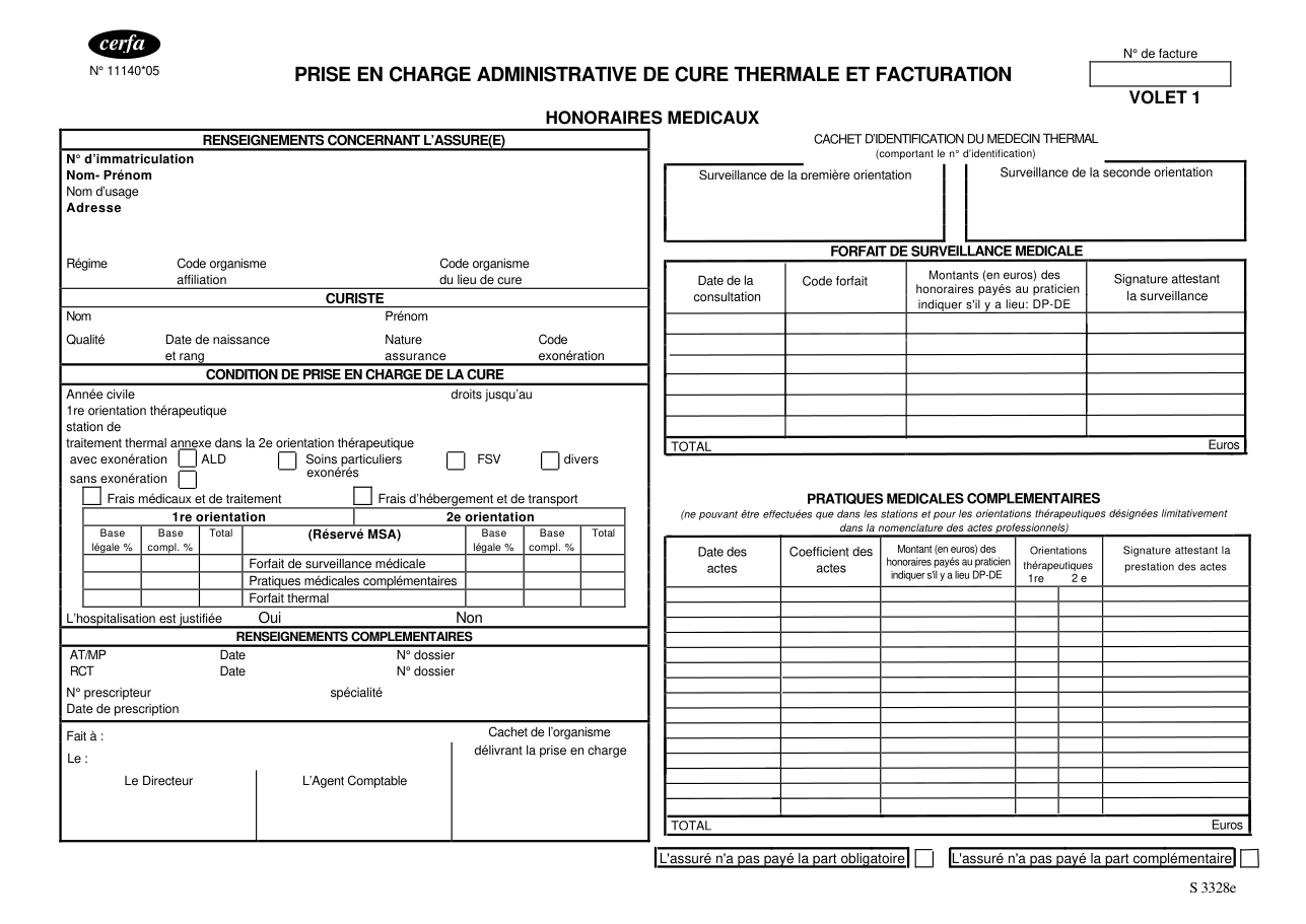 Page 1 du formulaire cerfa 11140 — Prise en charge administrative de cure thermale et facturation