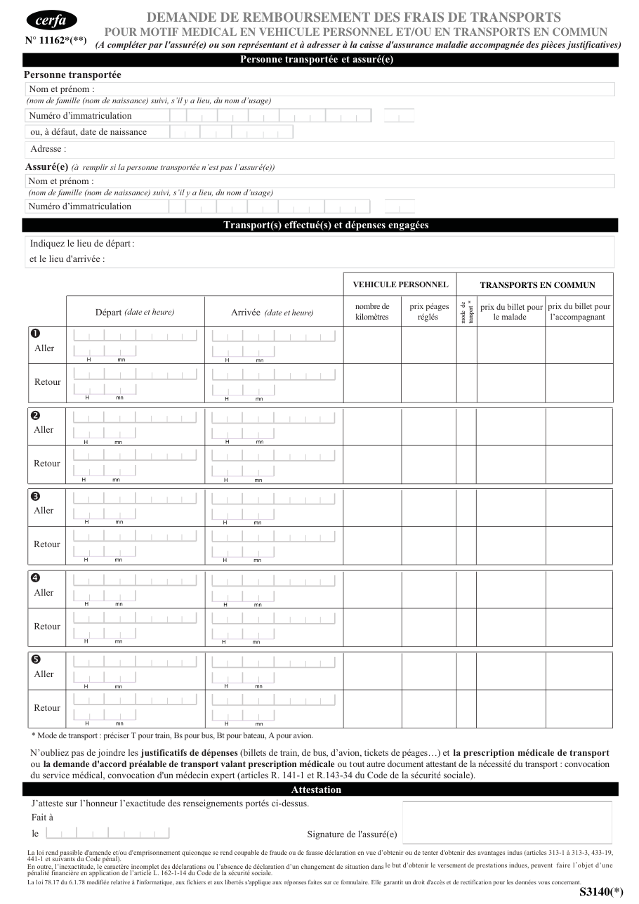 Page 1 du formulaire cerfa 11162 — Demande de remboursement des frais de transports