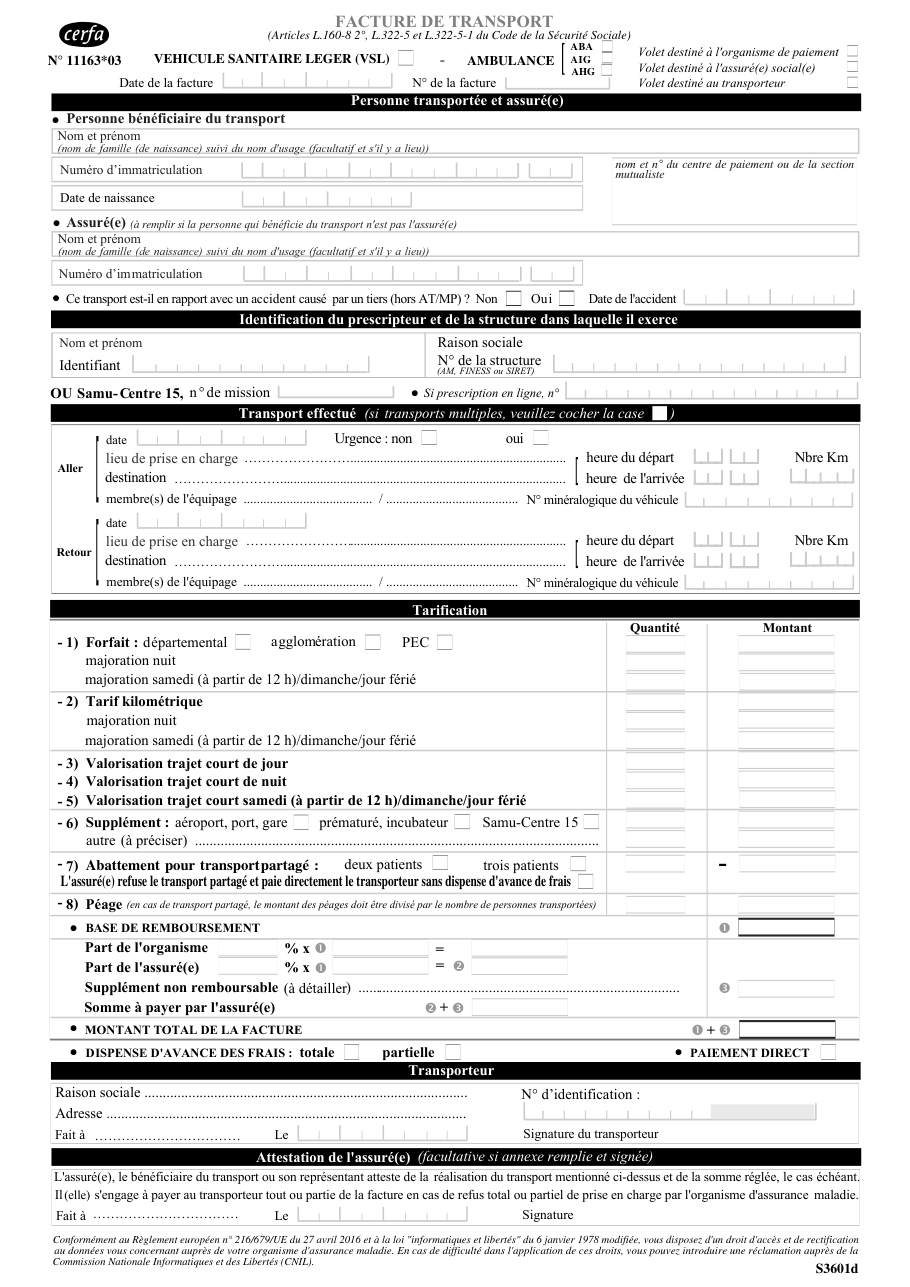 Page 1 du formulaire cerfa 11163 — Facture de transport