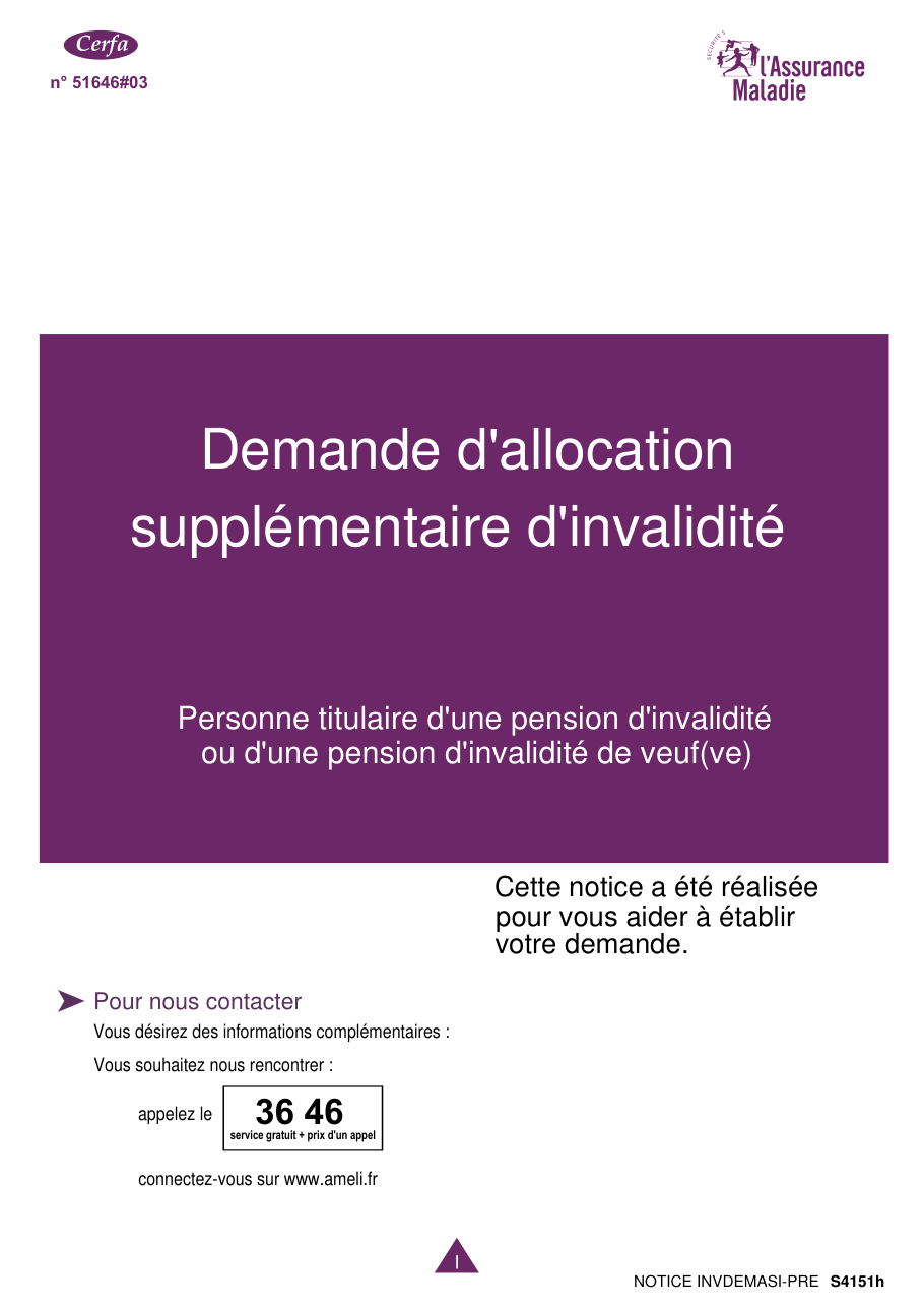 Page 1 du formulaire cerfa 11175 — Demande d'allocation supplémentaire d'invalidité