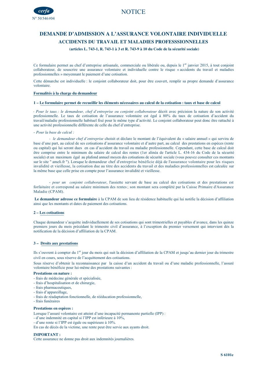 Page 1 du formulaire cerfa 11227 — Demande d'admission à l'assurance volontaire accidents du travail