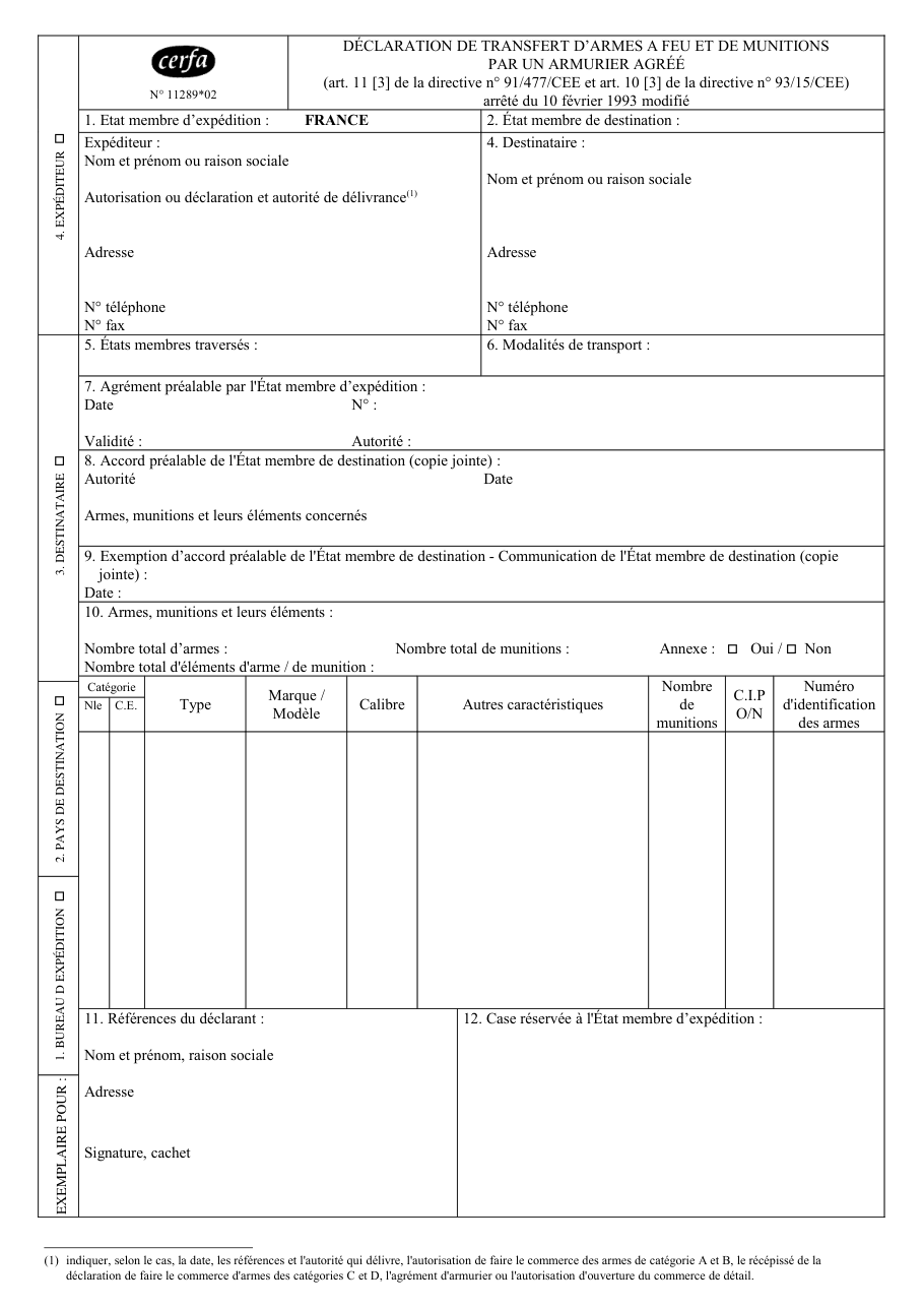 Page 1 du formulaire cerfa 11289 — Déclaration de transfert d'armes à feu et de munitions