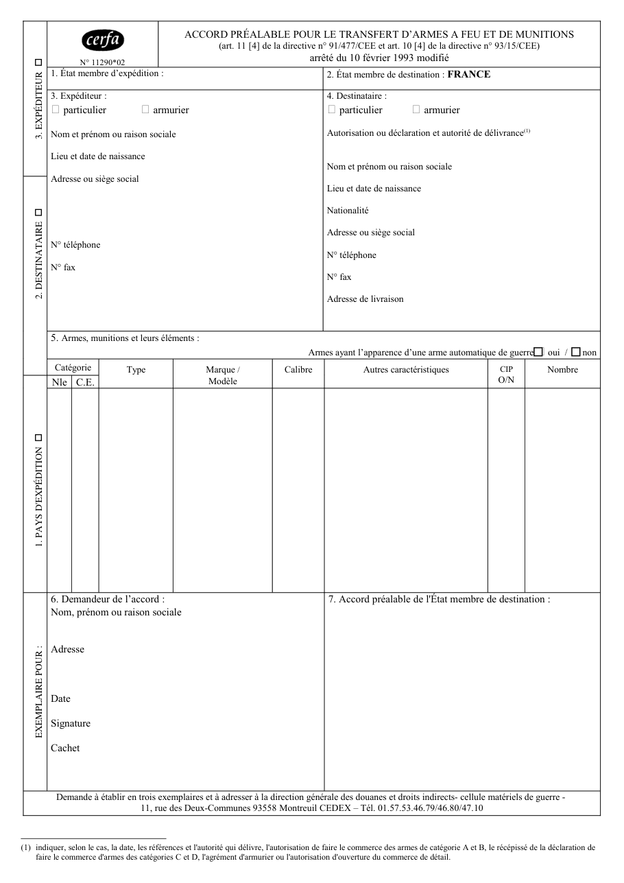 Page 1 du formulaire cerfa 11290 — Accord préalable pour le transfert d'armes à feu et de munitions