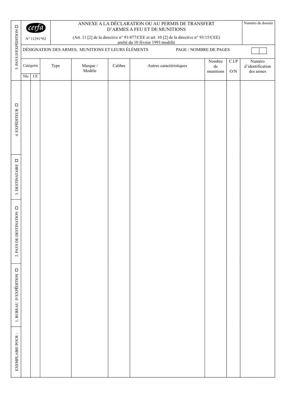 Page 1 du formulaire cerfa 11291 — Annexe a la déclaration ou au permis de transfert d'armes a feu et de munitions