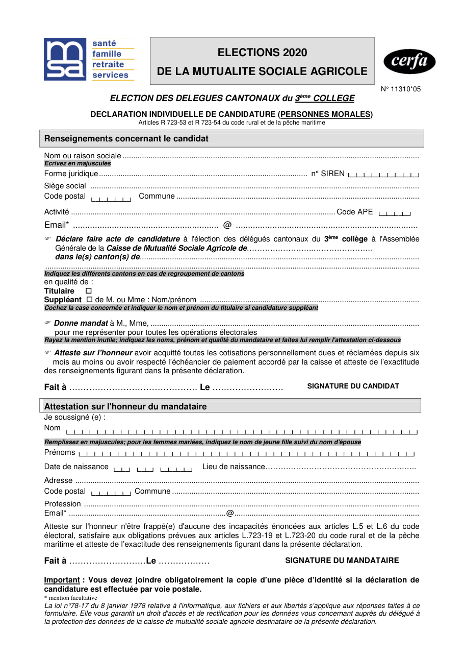 Page 1 du formulaire cerfa 11310 — Déclaration de candidature aux élections de la mutualité sociale agricole