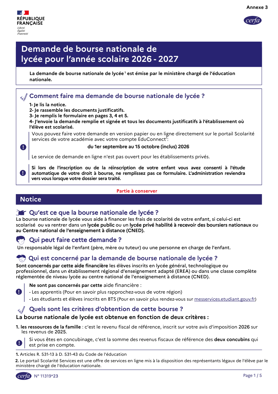 Page 1 du formulaire cerfa 11319 — Demande de bourse nationale de lycée
