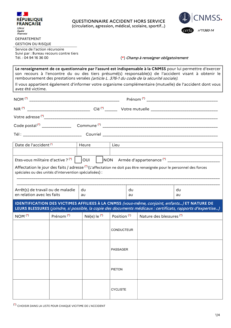 Page 1 du formulaire cerfa 11360 — Questionnaire déclaration d'accident hors service
