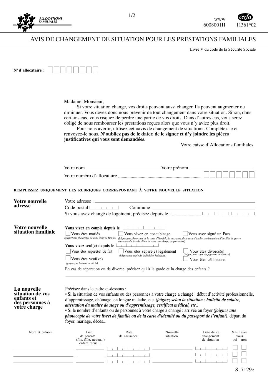 Page 1 du formulaire cerfa 11361 — Avis de changement de situation pour les prestations familiales