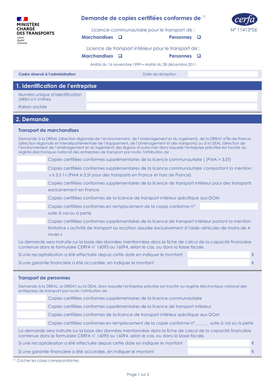 Page 1 du formulaire cerfa 11413 — Demande de copies certifiées conformes de licence de transport