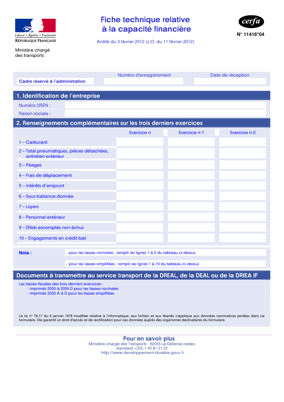 Page 1 du formulaire cerfa 11416 — Fiche technique relative à la capacité financière