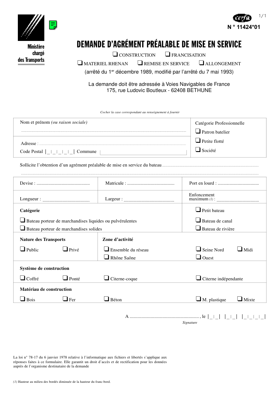 Page 1 du formulaire cerfa 11424 — Demande d'agrément préalable de mise en service