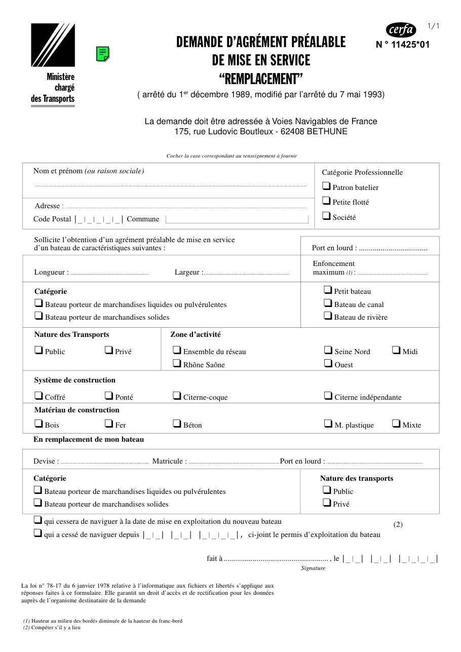 Page 1 du formulaire cerfa 11425 — Demande d’agrément préalable de mise en service “remplacement”