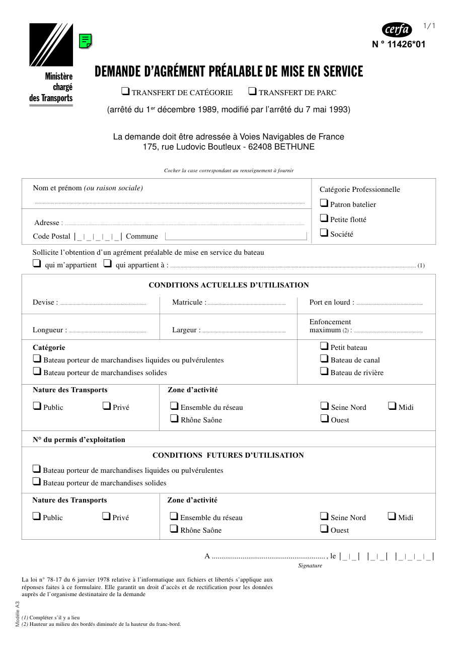 Page 1 du formulaire cerfa 11426 — Demande d’agrément préalable de mise en service