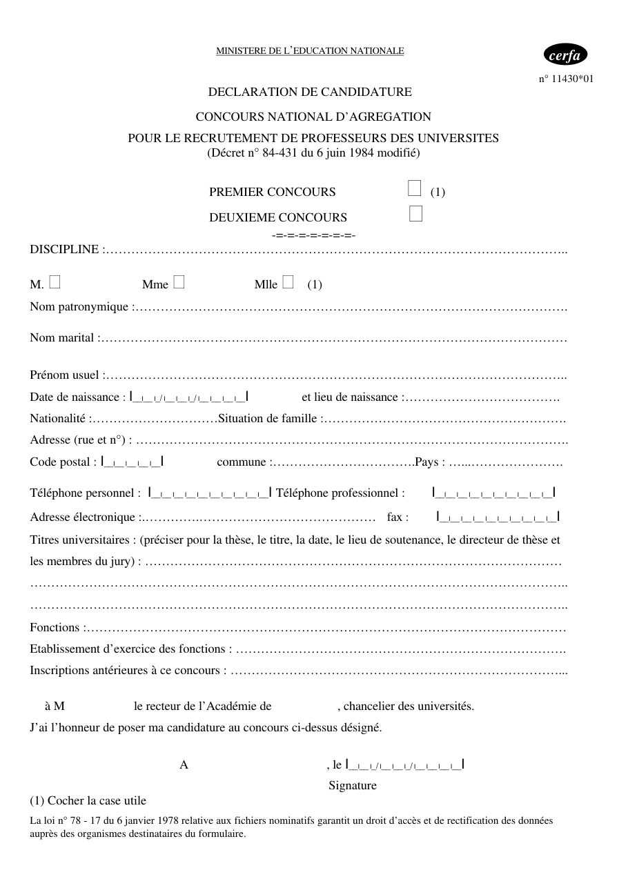 Page 1 du formulaire cerfa 11430 — Poser sa candidature au concours national d'agrégation pour devenir professeur des universités