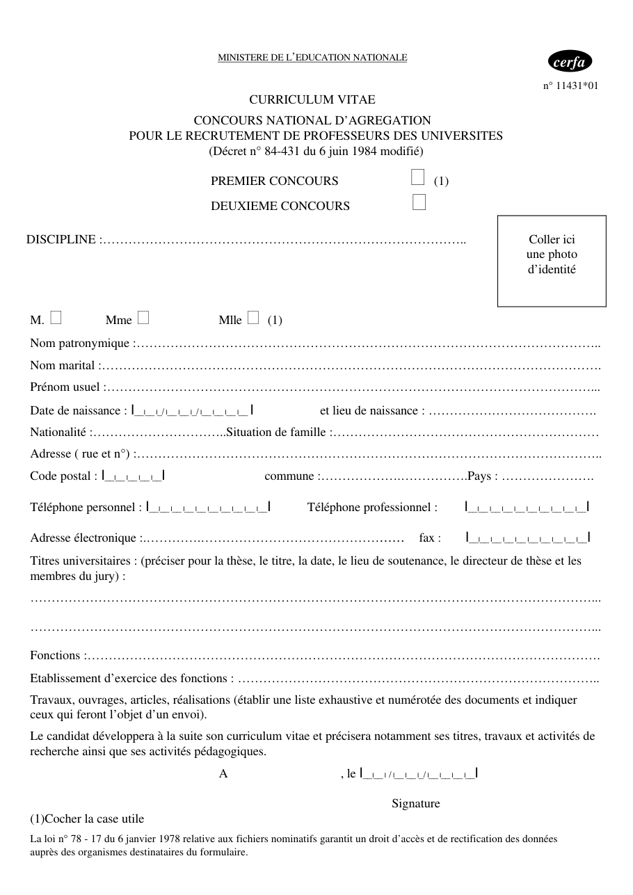 Page 1 du formulaire cerfa 11431 — Remplir son CV de candidat à l'agrégation de professeurs des universités