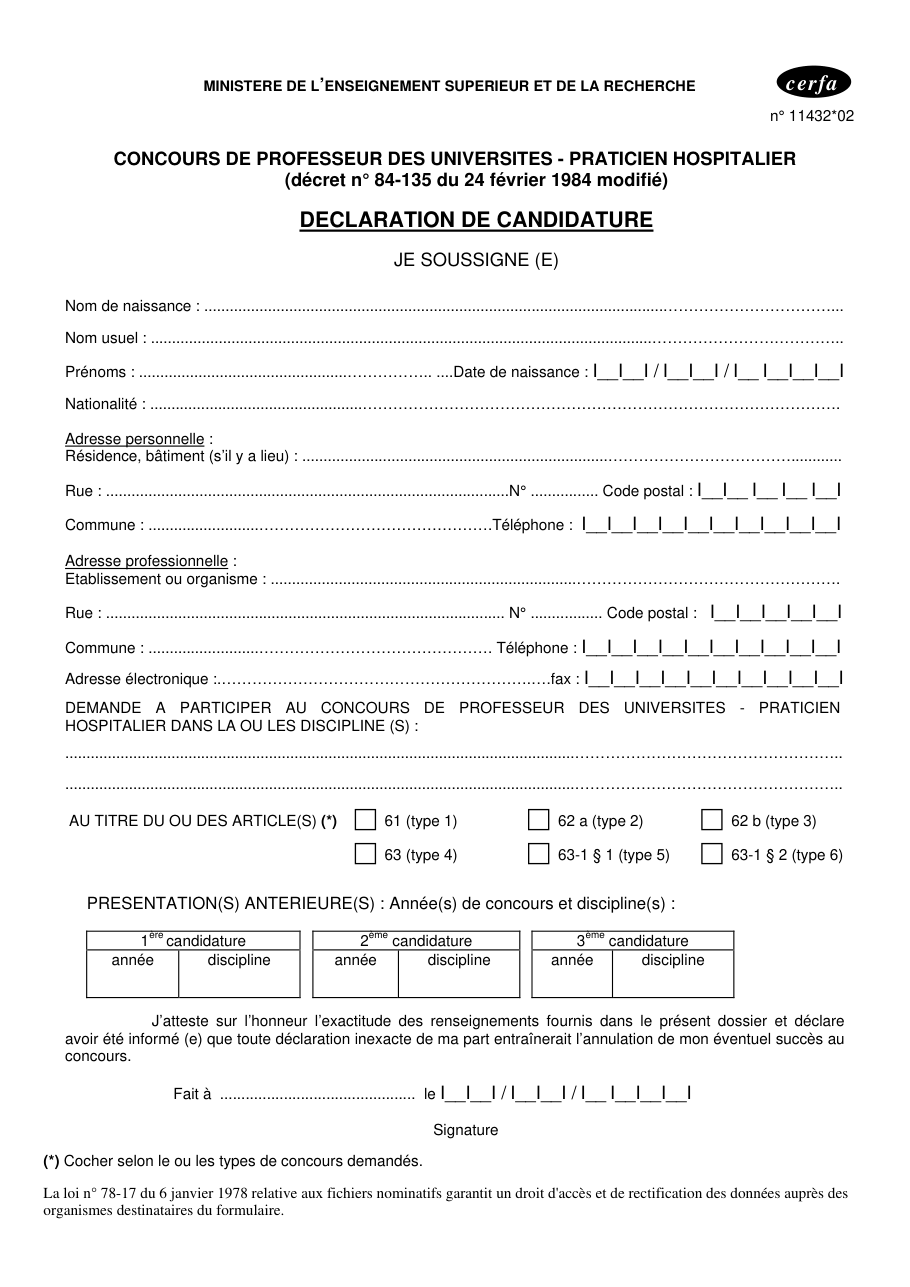 Page 1 du formulaire cerfa 11432 — Déclaration de candidature