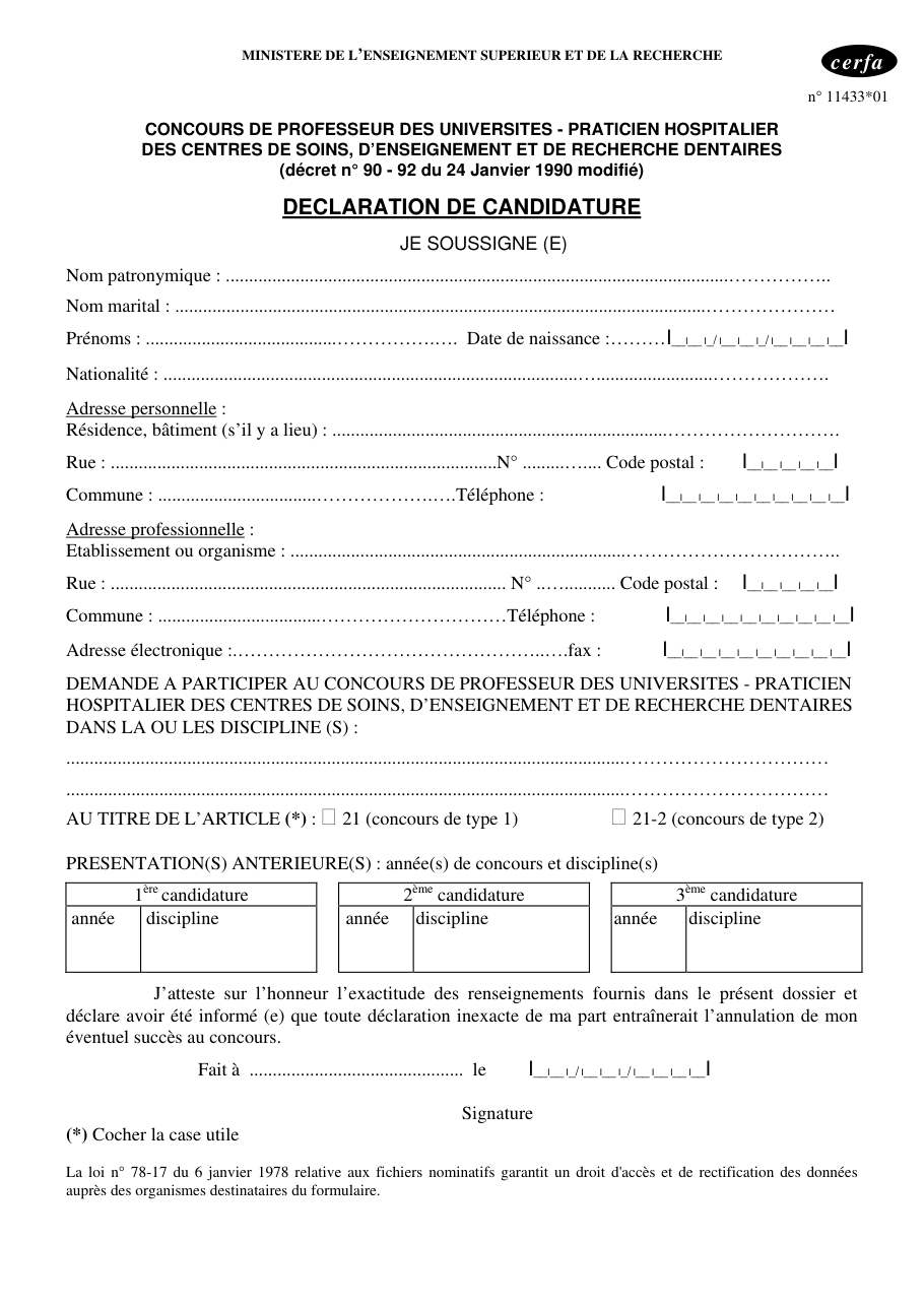 Page 1 du formulaire cerfa 11433 — Déclaration de candidature au concours de professeur des universités - praticien