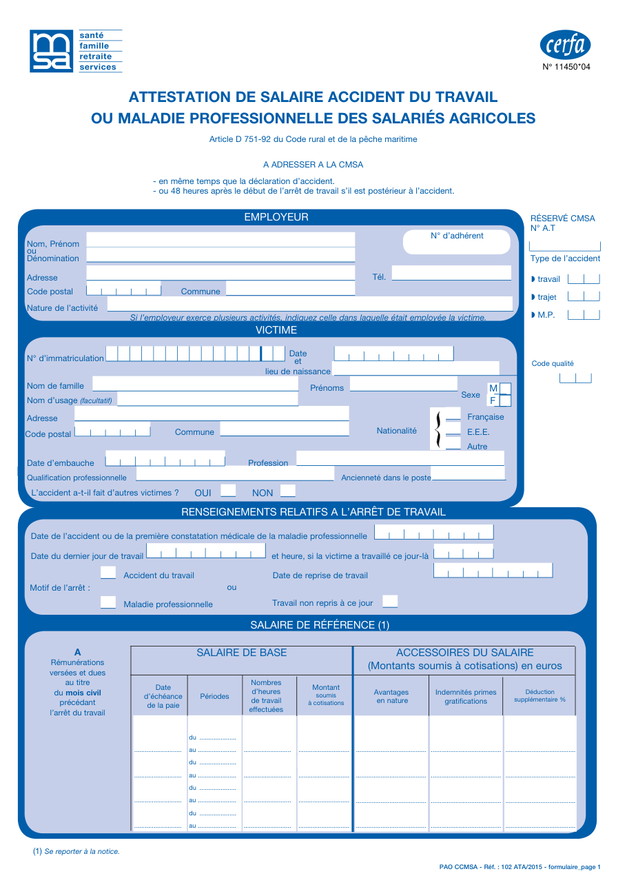Page 1 du formulaire cerfa 11450 — Attestation de salaire accident du travail ou maladie professionnelle des salariés agricoles