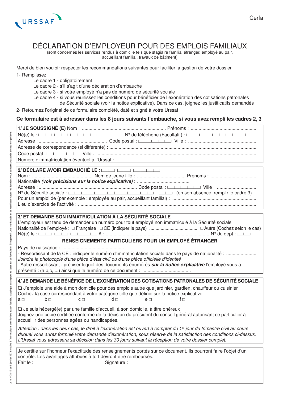 Page 1 du formulaire cerfa 11469 — Déclaration d'employeur pour des emplois familiaux